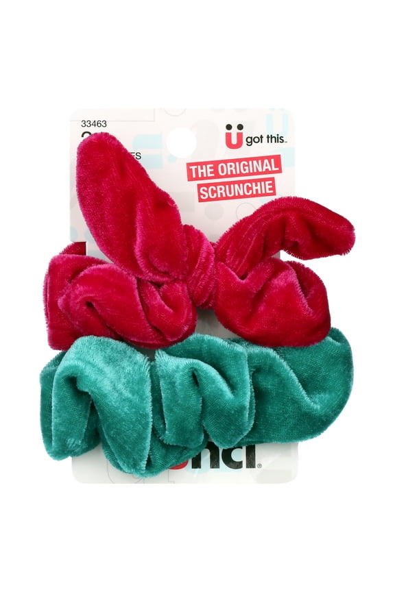 Original Scrunchies in Velvet Texture in Teal Green and Dark Pink Jewel Tones, 2ct