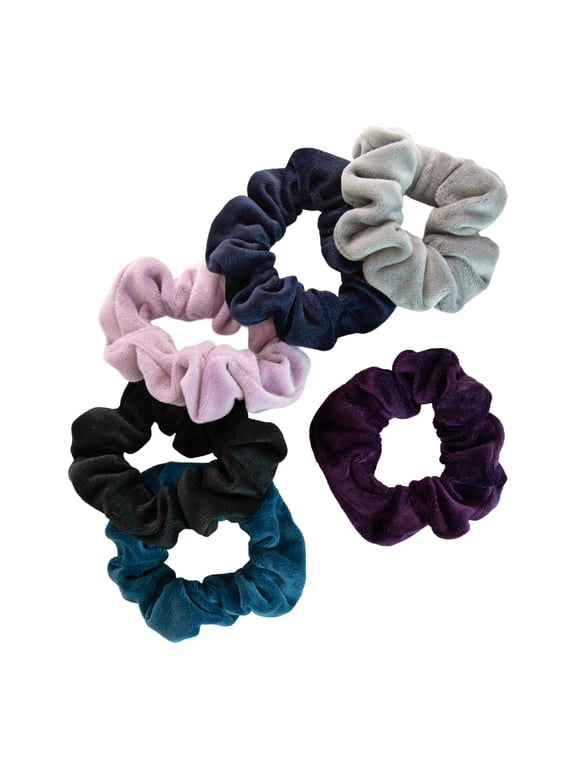 Original Scrunchies in Velvet Texture in Warm Winter Tones: Black, Brown, Blue, Pink, and Purple, 6ct