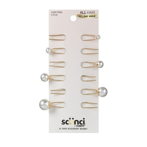 Scunci Pearl Hair Pins, Gold, 6 Count