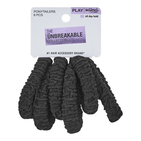 Scunci Play Hybrid Unbreakable Ponytailers, Black, 6-Pieces