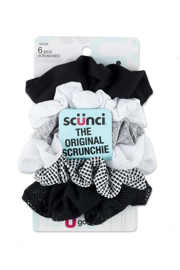 Scrunchie Hair Ties in Soft Stretch Fabric, Black & White, 6 Ct