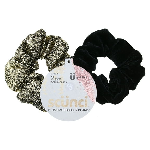 (2 pack) Scunci Scrunchies, Metallic and Black, 2-Piece