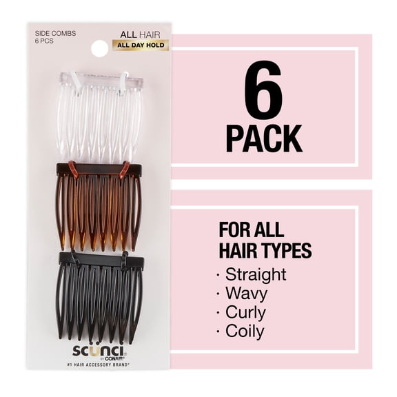 Scunci Small Plastic Side Hair Combs, Black, Clear, and Tortoise Shell,6 Ct
