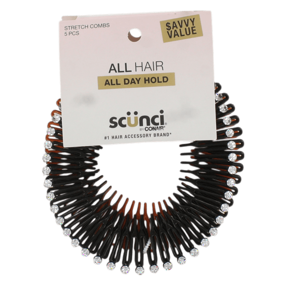 Scunci Stretch Combs for All Hair Types Secure All-Day Hold, Flexible & Comfortable Plastic Design, Black with Rhinestone Accents, 5-Piece Value Pack Stylish & Functional Hair Accessories