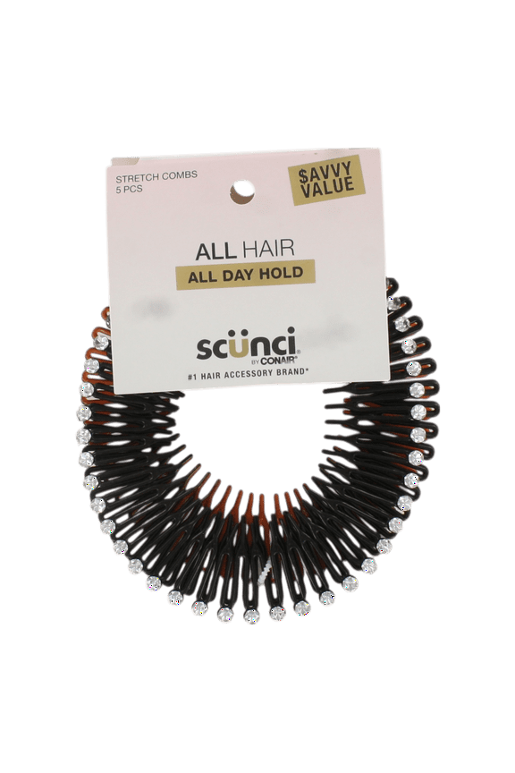 Stretch Combs for All Hair Types Secure All-Day Hold, Flexible & Comfortable Plastic Design, Black with Rhinestone Accents, 5-Piece Value Pack Stylish & Functional Hair Accessories