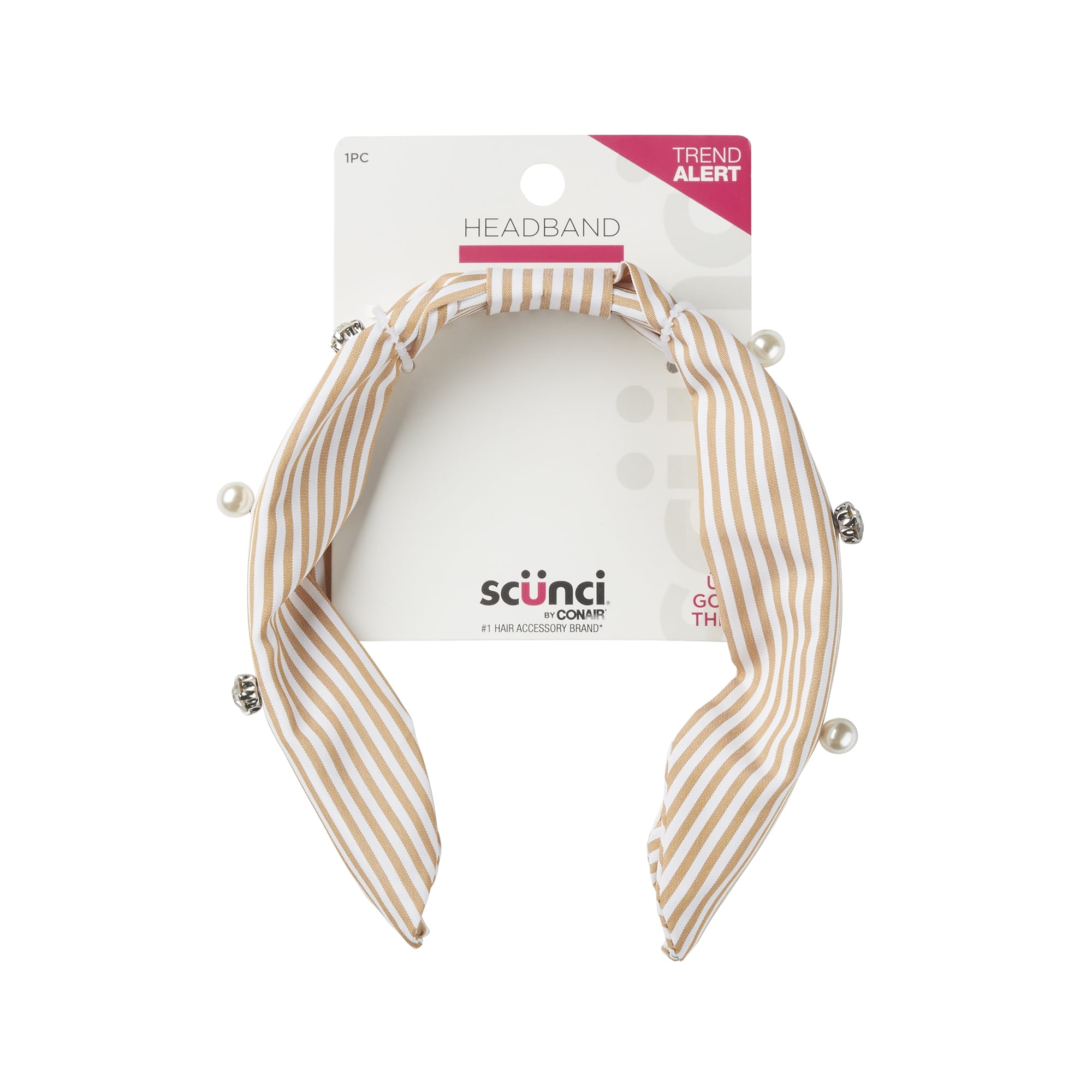 Scunci Stripe Fabric Headband with Gemstone and Pearl Embellishments