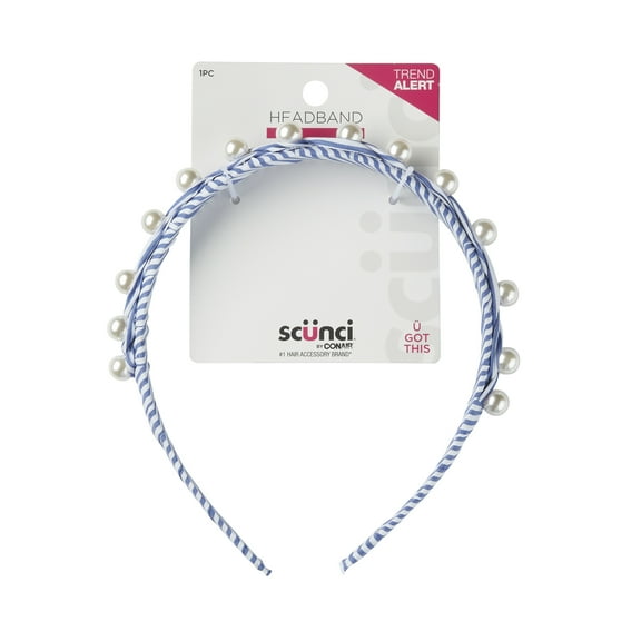 Scunci Striped Denim Fabric Headband with Pearl Embellishments, White and Blue