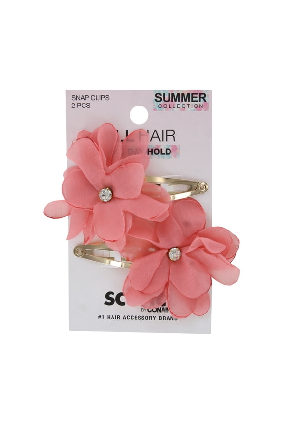 Summer Collection All Hair All Day Hold Snap Clips, Pink Floral Design with Rhinestone Accent, 2-Count