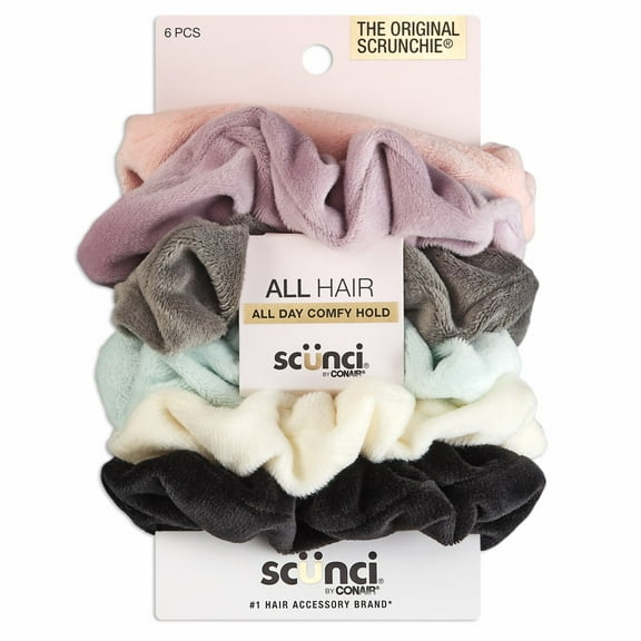 Scunci Soft Velour Scrunchie Hair Ties, Multicolor, 6 Count
