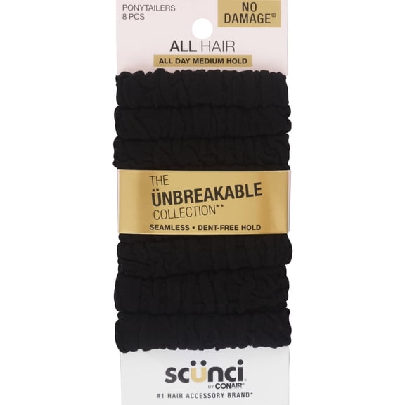 Scunci Unbreakable All Hair Medium Hold Ponytailers, Black, 8-Count