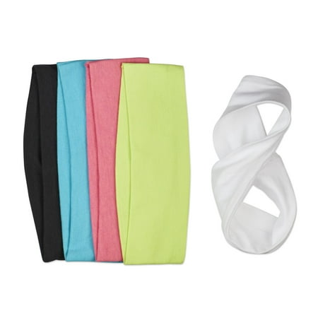 Scunci Wide Headwraps for Workouts, Sports, Fitness, Dance, and Basic Fashion in Classic Colors, 5ct
