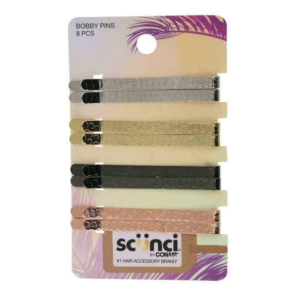 Scunci by Conair Bobby Pins, 8-Piece Set, Assorted Metallic Colors with Textured Design, Strong Hold for All Hair Types