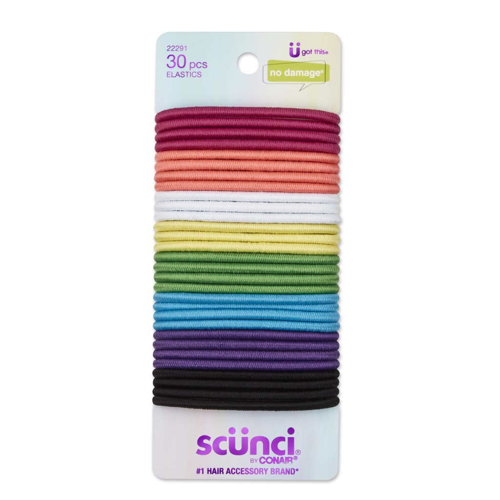 Scunci for Girls No Damage Elastic Ponytail Holder Hair Ties, Assorted Rainbow Colors, 30 Ct - image 1 of 10