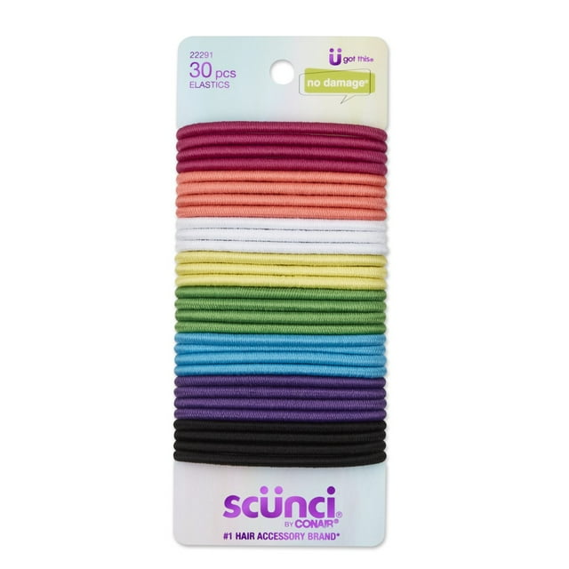 Scunci for Girls No Damage Elastic Ponytail Holder Hair Ties, Assorted Rainbow Colors, 30 Ct