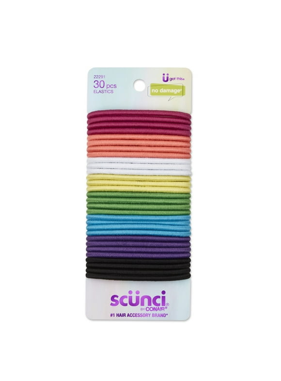 Scunci for Girls No Damage Elastic Ponytail Holder Hair Ties, Assorted Rainbow Colors, 30 Ct