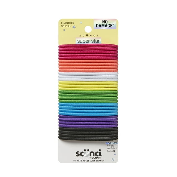 Scunci No Damage Elastic Ponytail Hair Ties, Multicolor, 30 Count