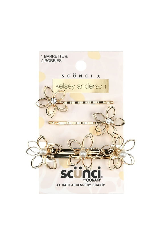 x Kelsey Anderson Crystal-Embellished Flower Bobby Pins & Barrette, Gold Tone, 3 Count