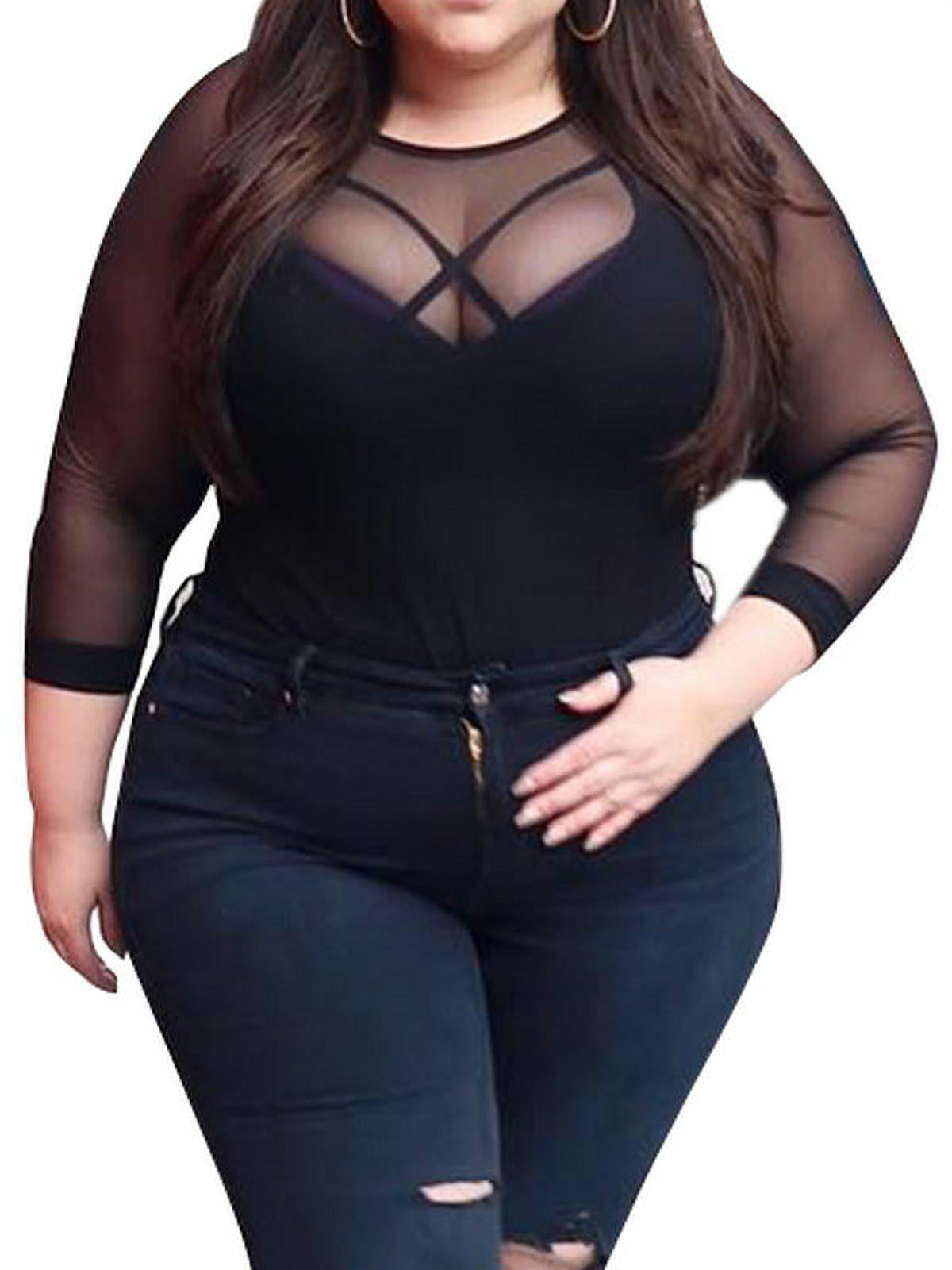 Scvgkk Women's Plus Size Sexy See Through Mesh Long Sleeve Blouse Tops 