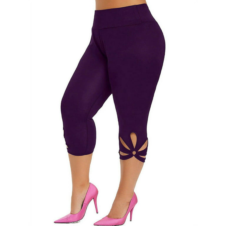 Scvgkk Women's Plus Size Solid Color High Waist Hollow Out Capri Pants  Leggings 