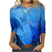 Scyoekwg 0 Spring and Autumn Trendy 3/4 Sleeves Shirts for Womens Casual Round Neck Marble Print Tunic Tops Comfy Lightweight Loose Fit Blouses Pullover Tops #04=Dark Blue M