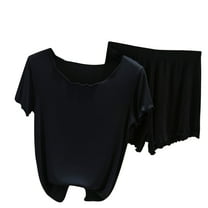 Scyoekwg 2 Piece Outfits For Women Summer Thin Loose Short Sleeve Tops Shorts Solid Color Casual Two-piece (Black,L)