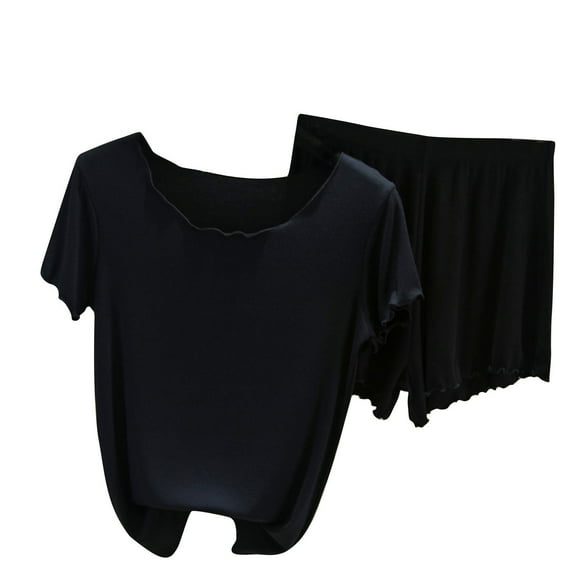 Scyoekwg 2 Piece Outfits For Women Summer Thin Loose Short Sleeve Tops Shorts Solid Color Casual Two-piece (Black,XL)