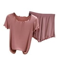 thumbnail image 1 of Scyoekwg 2 Piece Outfits For Women Summer Thin Loose Short Sleeve Tops Shorts Solid Color Casual Two-piece (Pink,L), 1 of 3