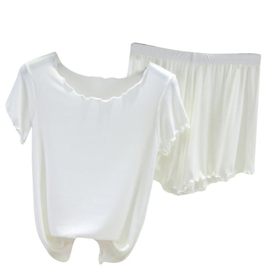 Scyoekwg 2 Piece Outfits For Women Summer Thin Loose Short Sleeve Tops Shorts Solid Color Casual Two-piece (White,XL)