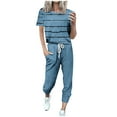 thumbnail image 1 of Scyoekwg 2 Piece Outfits For Women Tracksuit Striped Short Sleeve Round Neck Tops Pullover Drawstring Jogger Set Workout Outfits (Blue,M), 1 of 5