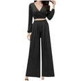 thumbnail image 1 of Scyoekwg 2 Piece Outfits for Women Loose Casual Solid Color Fashion Comfortable Fall Outfits Short Slim V-Neck Long Sleeve Tops Wide Legs Pants Casual Outfits Outfits (Black,L), 1 of 5