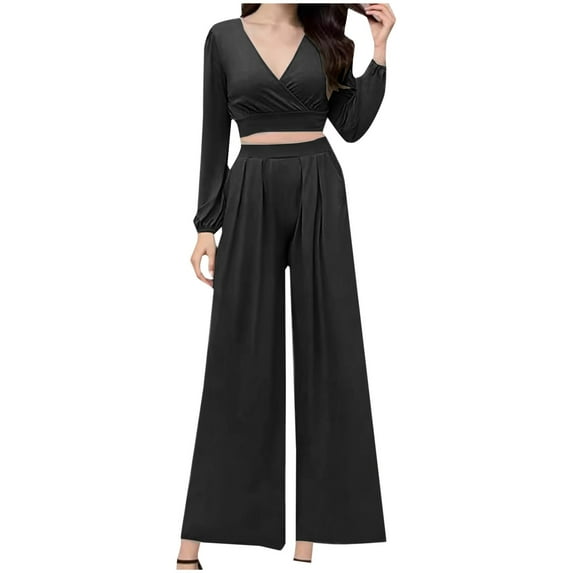 Scyoekwg 2 Piece Outfits for Women Loose Casual Solid Color Fashion Comfortable Fall Outfits Short Slim V-Neck Long Sleeve Tops Wide Legs Pants Casual Outfits Outfits (Black,L)