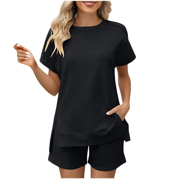 Scyoekwg 2 Piece Outfits For Women Solid Color Shorts Outfits Loose Casual Short Sleeve Round-Neck Blouses Shorts High Waisted Sweatpants Sets (Black,M)