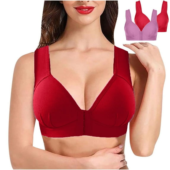 Scyoekwg 2pcs Bras for Women No Underwire Front Closure Basic Bras Trendy Solid Color Comfortable Cozy Support Push Up Bra (#A02=Purple,US=16)