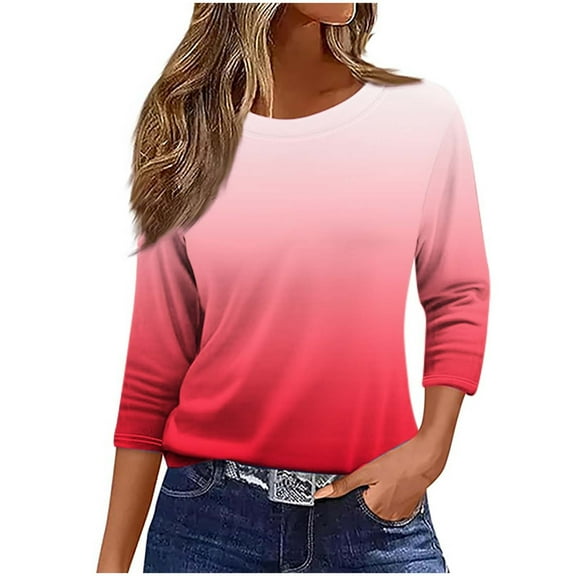 Scyoekwg 3/4 Length Sleeve Womens Tops 2025 Summer Crew Neck Shirts Casual Three Quarter Sleeve Tunic Tshirts (Red,L）