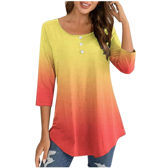 Scyoekwg 3/4 Sleeve T Shirts for Women Round Neck Button Pleated Tunic Tops Lightweight Comfy 3/4 Sleeve Gradient Color Graphic Tee Blouse (Orange,S)