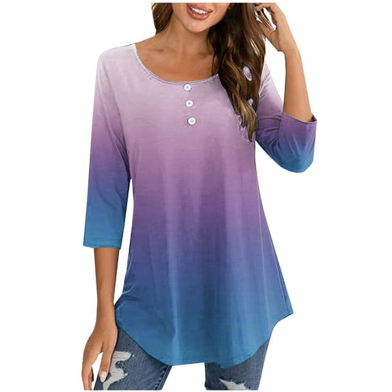 Scyoekwg 3/4 Length Sleeve Womens Tops Casual Button Round Neck Pleated Tshirt Tops for Women Trendy Gradient Color Dressy Casual Blouse Lightweight Loose Tshirt Blouses (Purple,XXXL)
