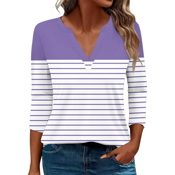 Scyoekwg Womens 3/4 Sleeve Shirts V Neck Three-quarter Sleeve Tshirts Lightweight Striped Print Graphic Tee Comfy Blouse (Purple,XL)