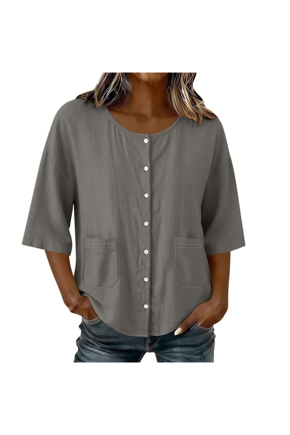 3/4 Length Sleeve Womens Tops Cotton Button-Front Shirts Round Neck Three-quarter Sleeve Tops Casual Loose Shirt with Pockets (Gray,M)