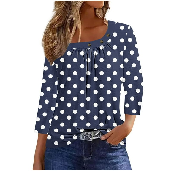 Scyoekwg 3/4 Length Sleeve Womens Tops Crew Neck Polka Dots T-Shirt Button Three Quarter Length Dressy Blouses (Navy,XL)