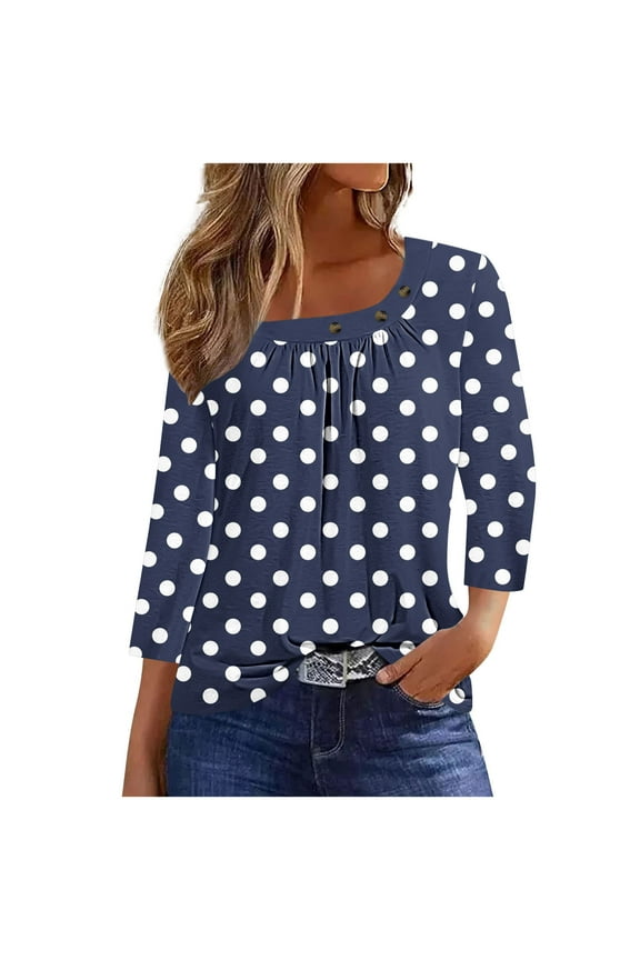 3/4 Length Sleeve Womens Tops Crew Neck Polka Dots T-Shirt Button Three Quarter Length Dressy Blouses (Navy,XXXL)