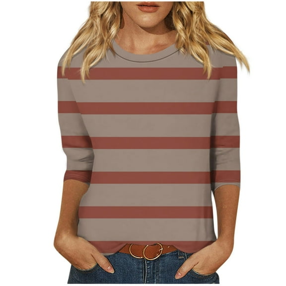 Scyoekwg 3/4 Length Sleeve Womens Tops Crewneck Three-quarter Sleeve Tshirt Loose Fall Clothes Striped Printed Graphic Tops Fashion Vintage Dressy Casual Blouses Pullover(Red,XL)