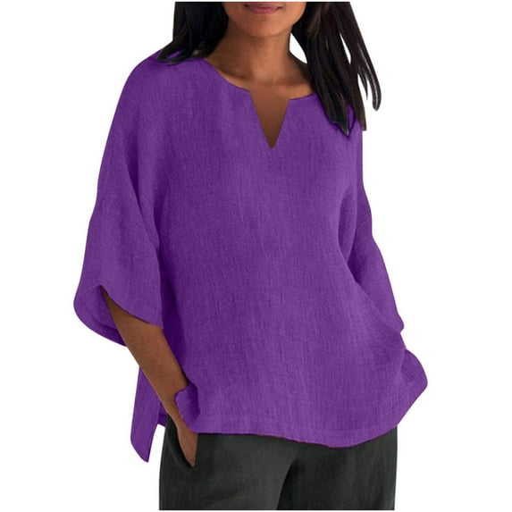 Scyoekwg 3/4 Length Sleeve Womens Tops Loose Blouses Comfy Summer V-Neck Three-quarter Sleeve Cotton Linen Shirts Ladies Tops Solid Color Casual (Dark Purple,XXL)