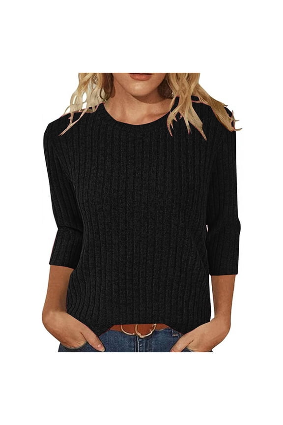 3/4 Length Sleeve Womens Tops Ribbed Knit Dress Shirts Crewneck Basic Sweater Tops Casual Loose Pullover (Black,XL)