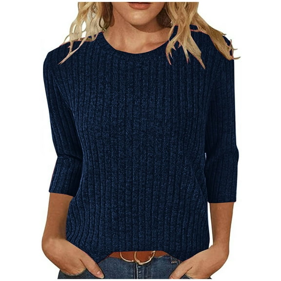 Scyoekwg 3/4 Length Sleeve Womens Tops Ribbed Knit Dress Shirts Crewneck Basic Sweater Tops Casual Loose Pullover (Dark Blue,S)