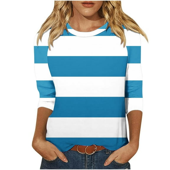 Scyoekwg 3/4 Length Sleeve Womens Tops Round Neck Three-Quarter Sleeve Tshirt Loose Striped Dressy Casual Blouse Tops for Women Trendy Lightweight Tshirt Blouses (Light Blue,XL)