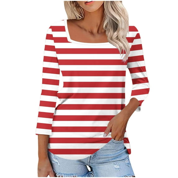 Scyoekwg 3/4 Length Sleeve Womens Tops Square Neck Dressy Casual Striped T Shirts Loose Fit Tunic Tee Comfy Outfits (Red,XL)