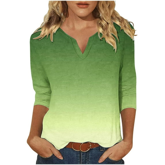 Scyoekwg 3/4 Length Sleeve Womens Tops V-Neck Three-quarter Sleeve Tshirt Gradient Color Graphic Tops Fashion Dressy Casual Blouses Vintage Loose Fall Clothes Pullover(Green,L)