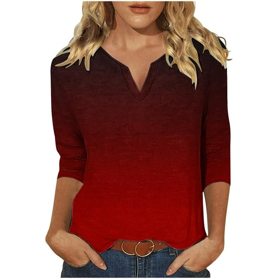 Scyoekwg 3/4 Length Sleeve Womens Tops V-Neck Three-quarter Sleeve Tshirt Gradient Color Graphic Tops Fashion Dressy Casual Blouses Vintage Loose Fall Clothes Pullover(Red,S)