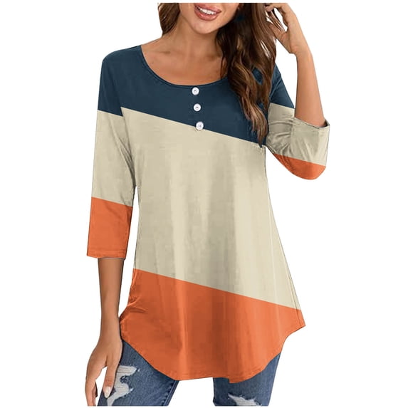 Scyoekwg 3/4 Sleeve Shirts for Women Round Neck Button Pleated Tunic Tops Lightweight 3/4 Sleeve Comfy Color Block Patchwork Graphic Tee Blouses (Orange,M)