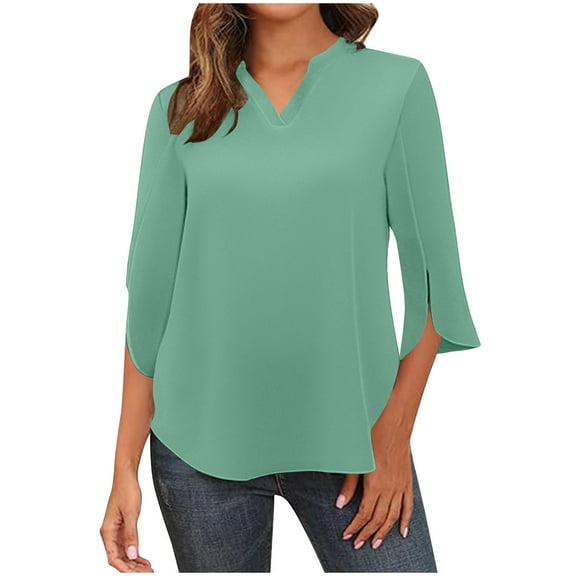 Scyoekwg 3/4 Sleeve Shirts for Women V-Neck Three-quarter Sleeve Shirts Vintage Solid Color Loose Fall Clothes Fashion Dressy Casual Blouses Pullover(Green,S)
